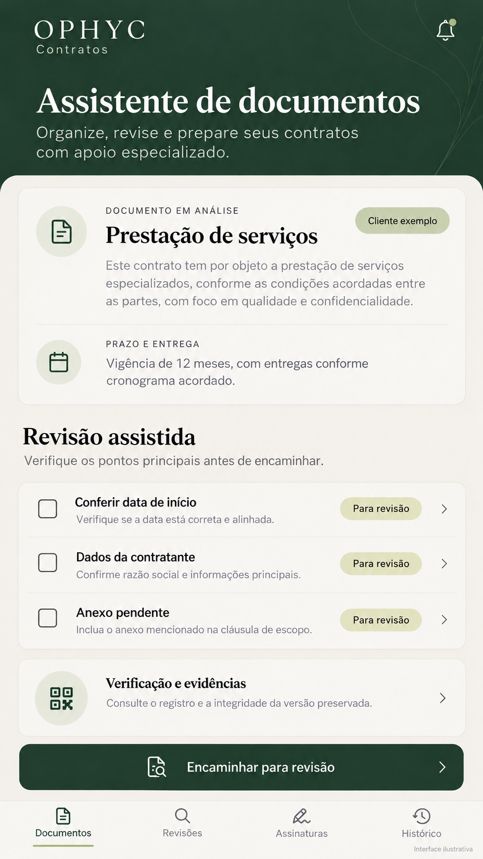 Interface ilustrativa de OPHYC Contratos — Assistência documental no celular