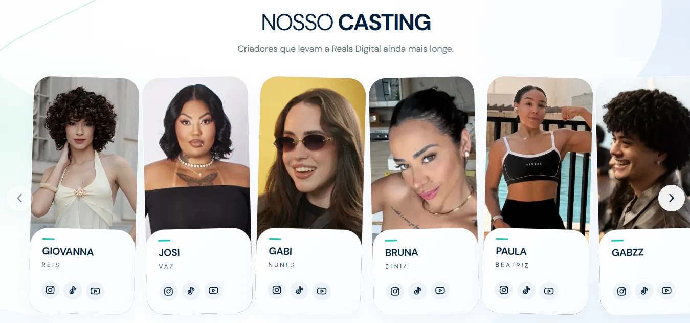 Casting de creators da Reals Digital, com retratos e redes sociais.