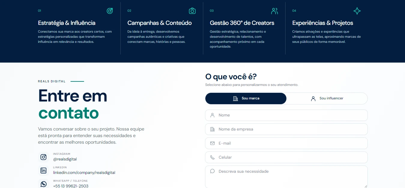 Serviços da agência e apresentação do contato para marcas e influenciadores.