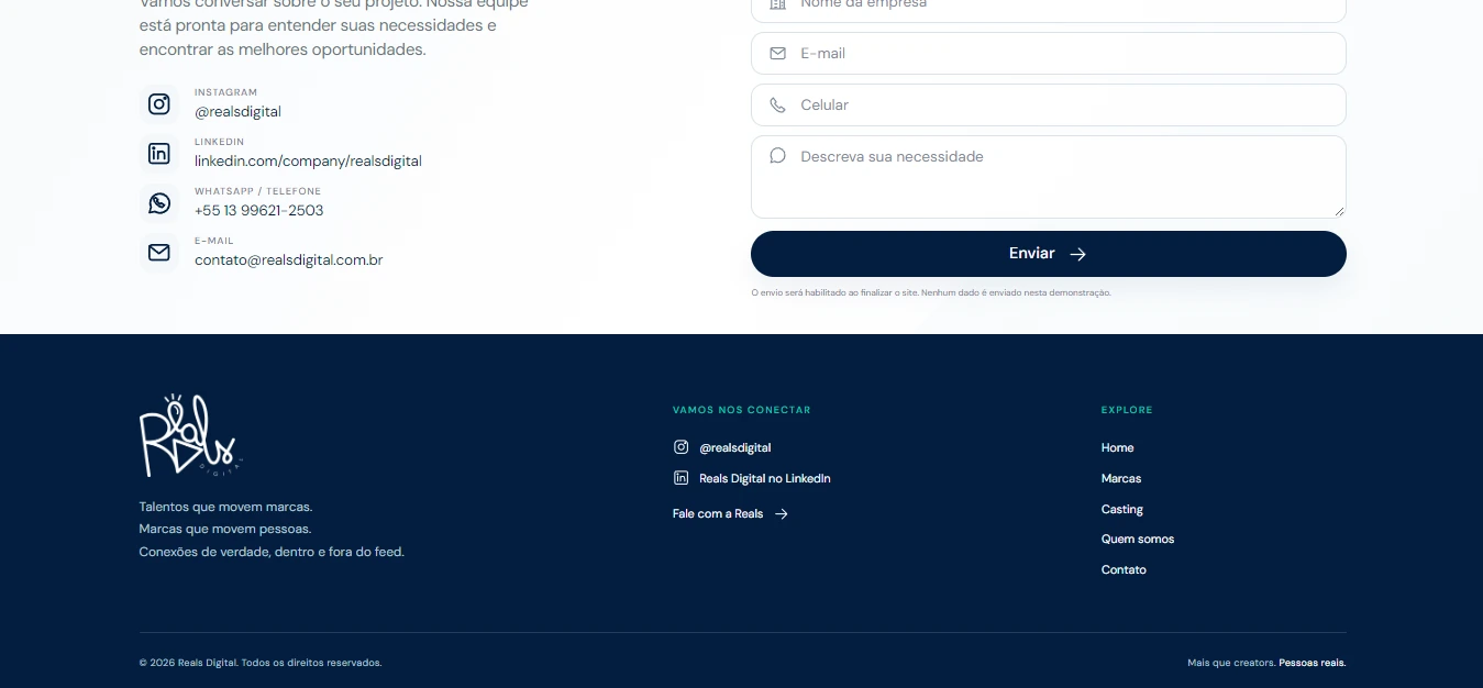 Área de contato e rodapé do site da Reals Digital.
