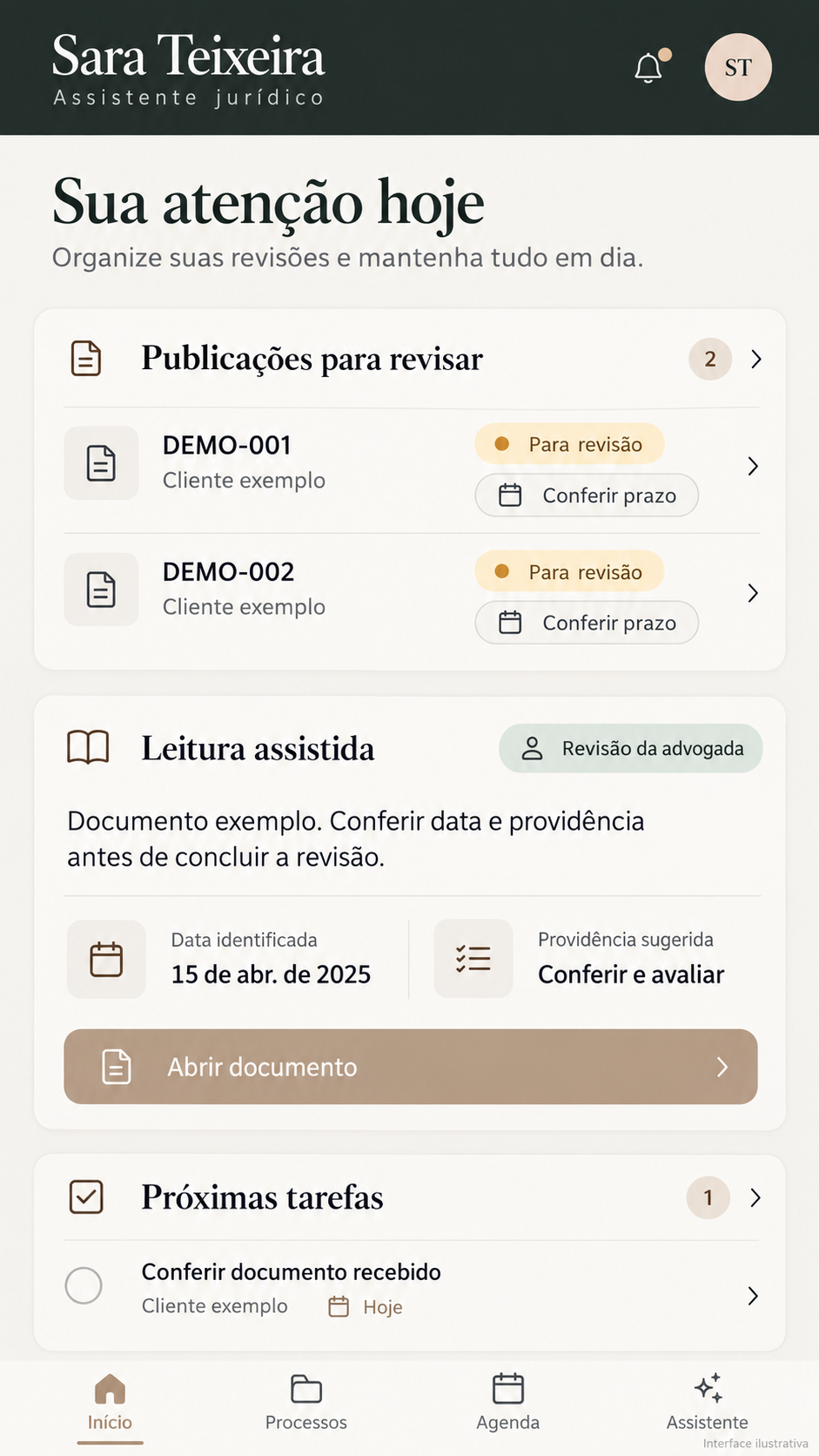 Interface ilustrativa de Sara Teixeira — Assistente jurídico no celular