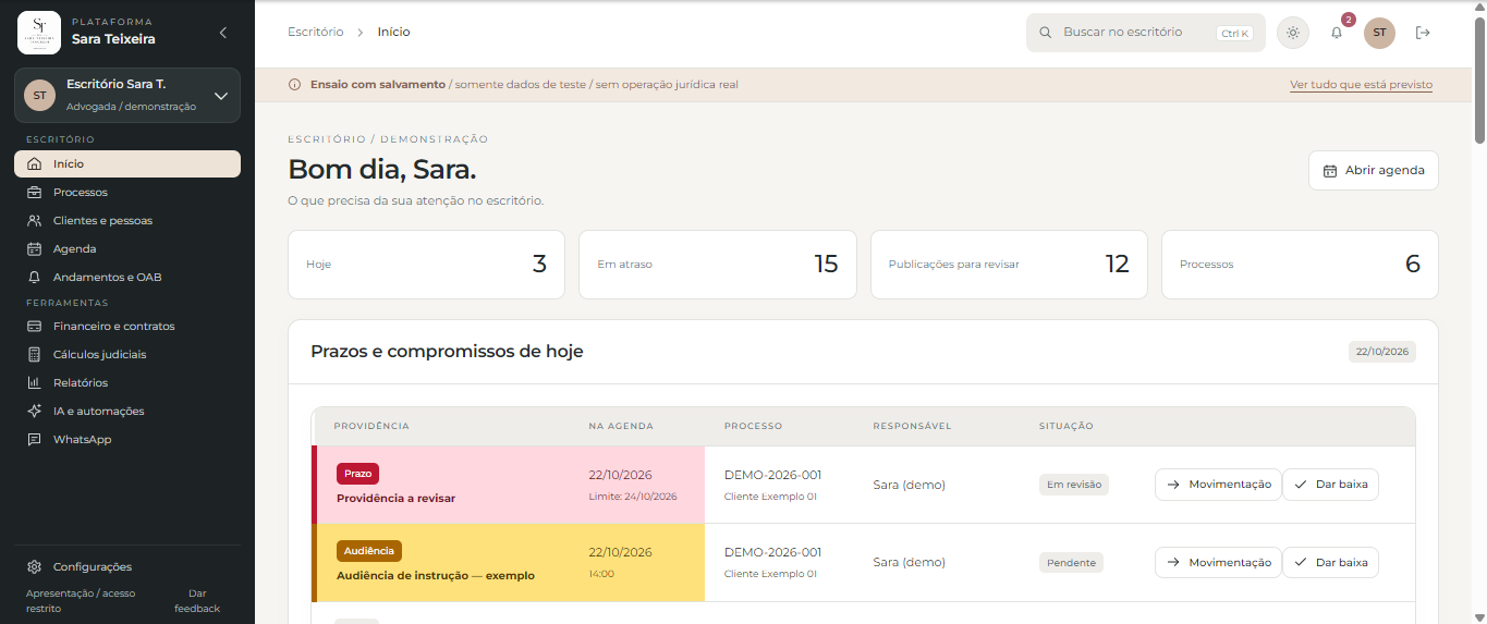 Interface de computador de Sara Teixeira — Plataforma Jurídica