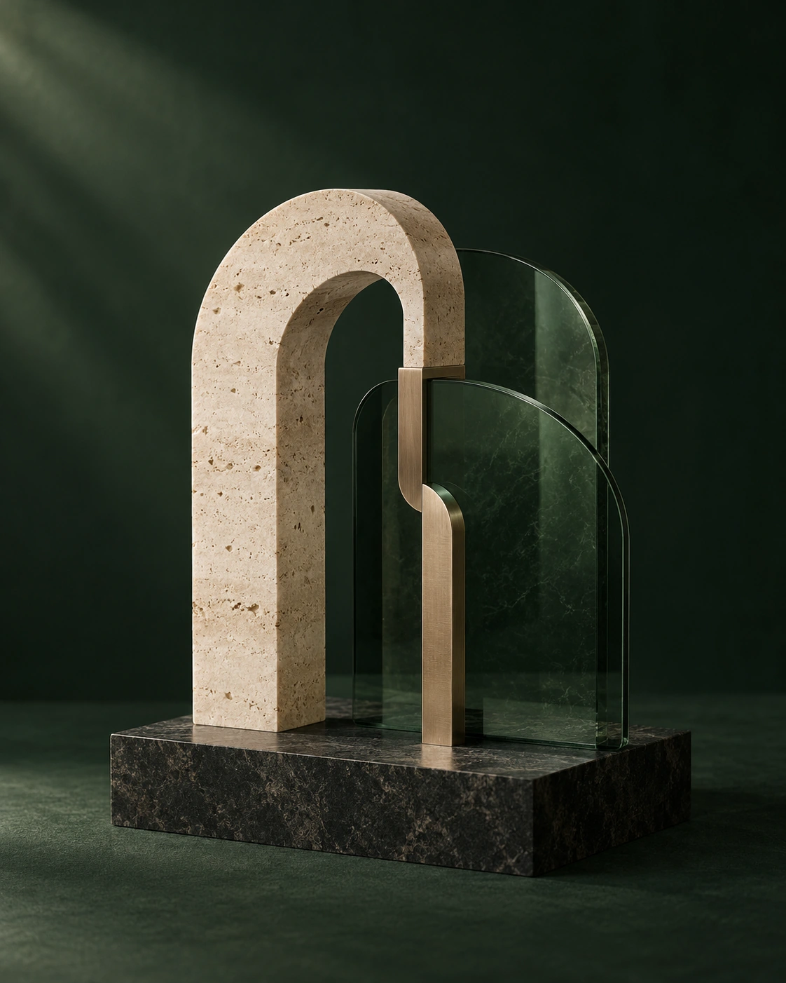 Composição editorial de travertino, vidro verde e metal, representando a união entre design, sistemas e inteligência.